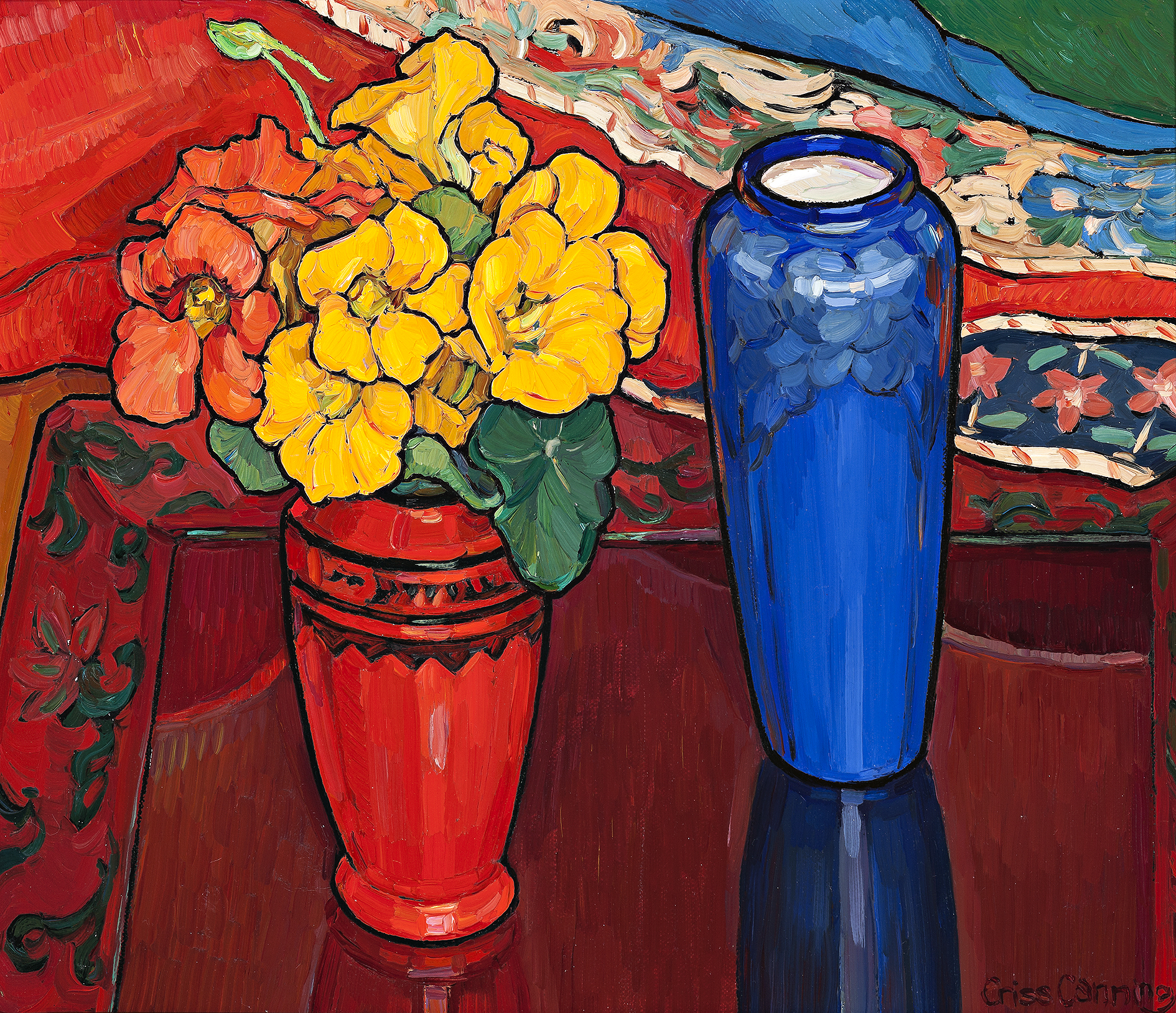 NASTURTIUMS, IRIS AND BLUE VASE