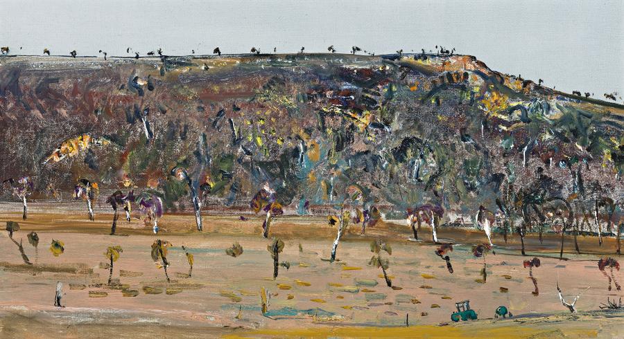 HILLSIDE LANDSCAPE WITH GREEN TRACTOR