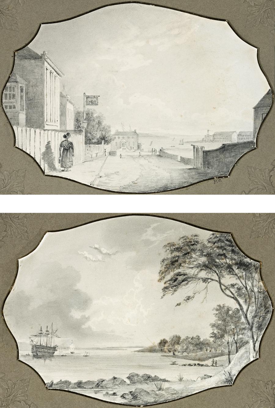 (i) HOBART TOWN, CAMPBELL STREET, VIEW OF THEATRE, TREASURY, POST OFFICER’S RESIDENCE AND HARBOUR, 1838 (ii) VIEW OF RIVER FROM GOVERNMENT PADDOCK, HOBART TOWN