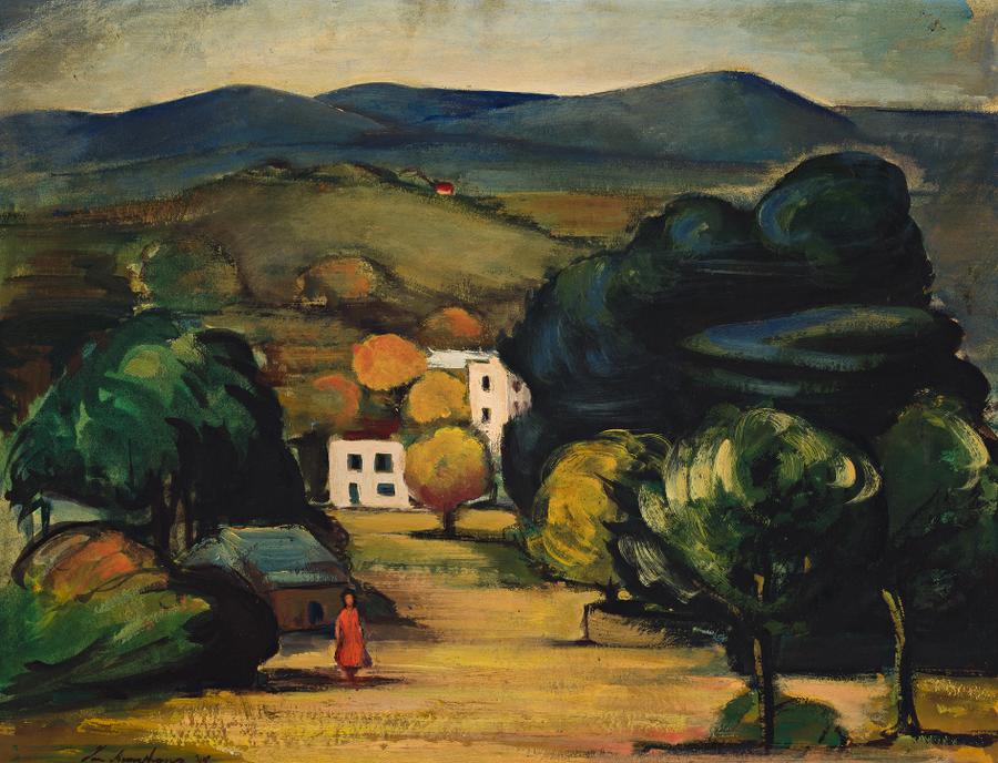 LANDSCAPE WITH FIGURE AND VILLAGE