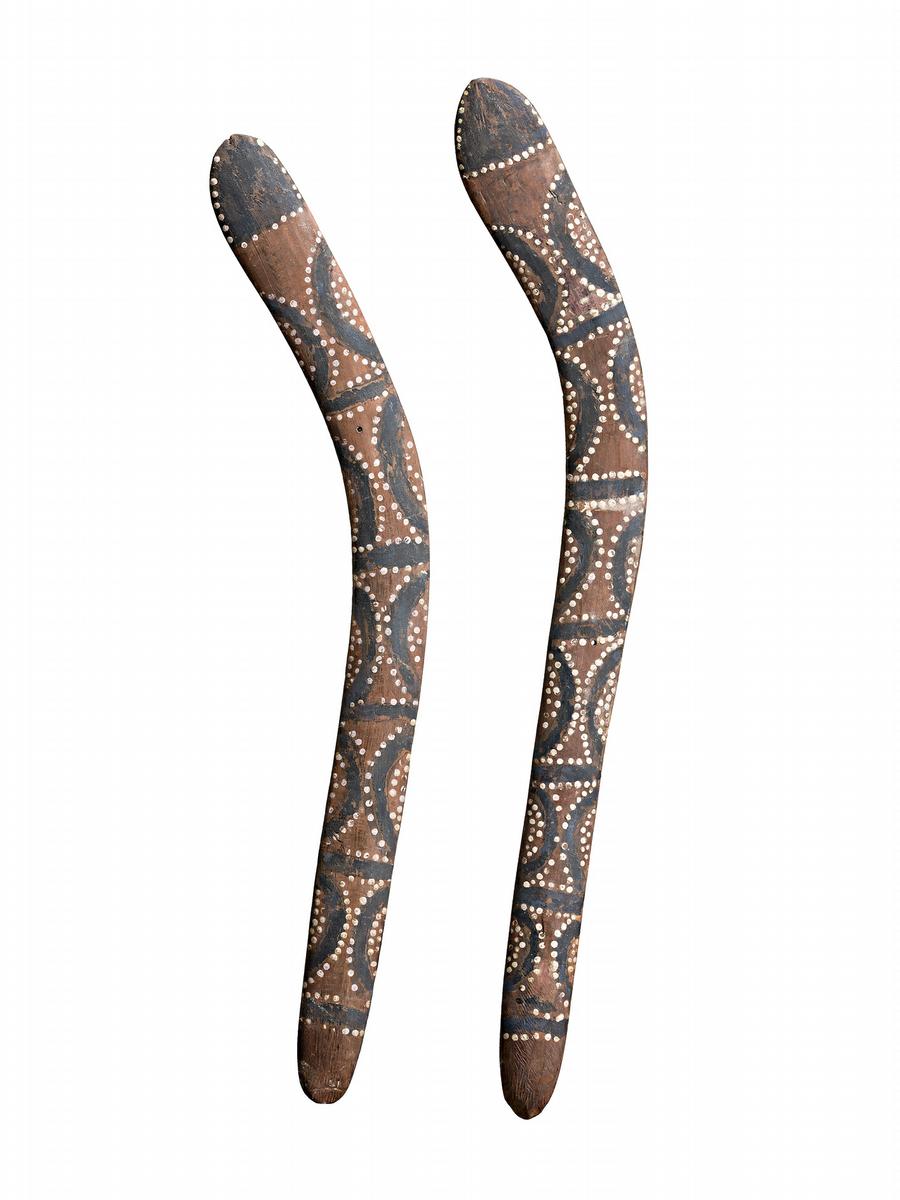 A PAIR OF PAINTED BOOMERANGS