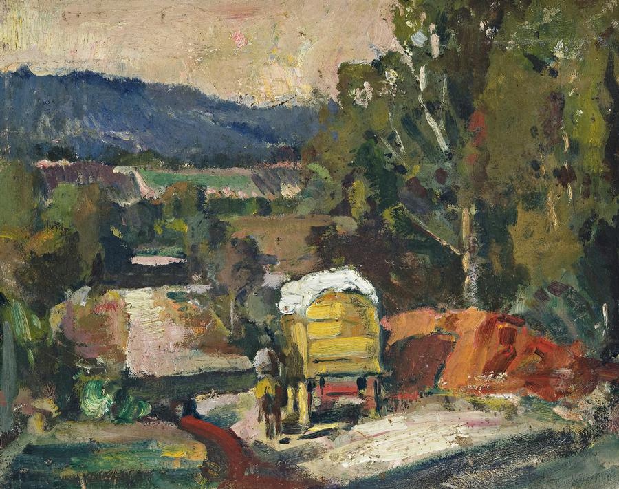 MAN ON HORSE BESIDE CART
