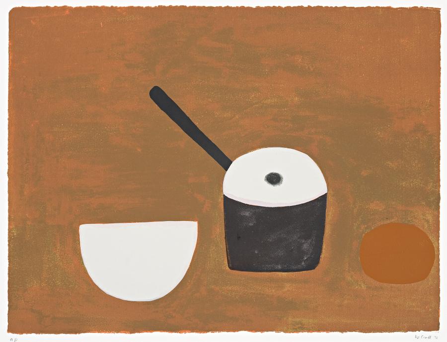 WHITE BOWL, BLACK PAN ON BROWN