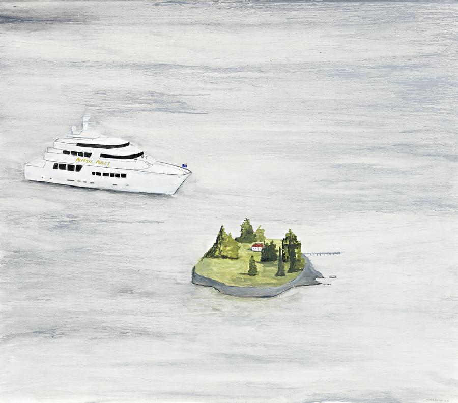 GREG NORMAN’S AUSSIE RULES SAILS INTO SYDNEY HARBOUR PAST SHARK ISLAND, ROSE BAY, FEBRUARY