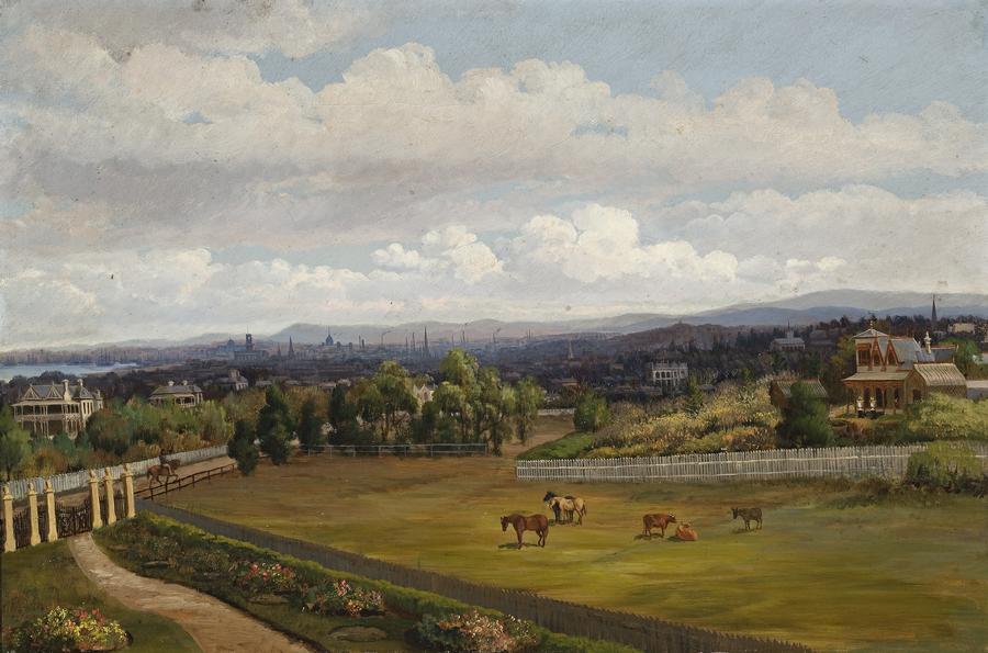 EARLY VIEW OF PRAHRAN WITH CITY OF MELBOURNE IN THE DISTANCE