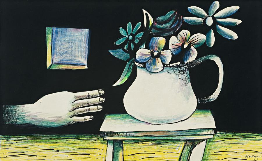 ALICE’S HAND, CUP, TABLE AND FLOWERS