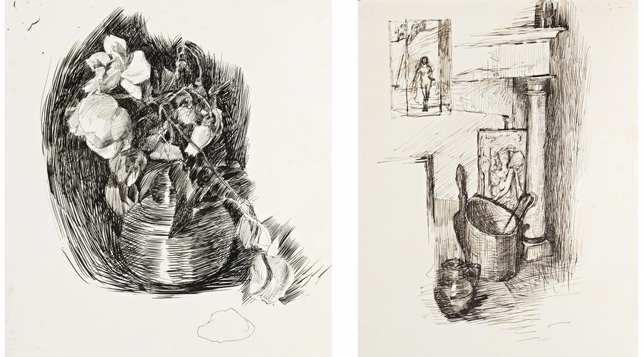 A PAIR OF EARLY INK DRAWINGS (i) BOWL OF ROSES c.1883 (ii) FIREPLACE CORNER WITH INSET OF FIGURE COMPOSITION c.1887-88