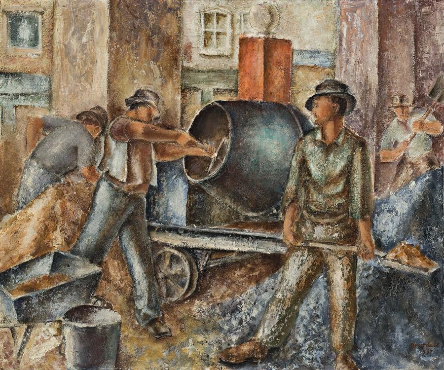 MEN MIXING CONCRETE