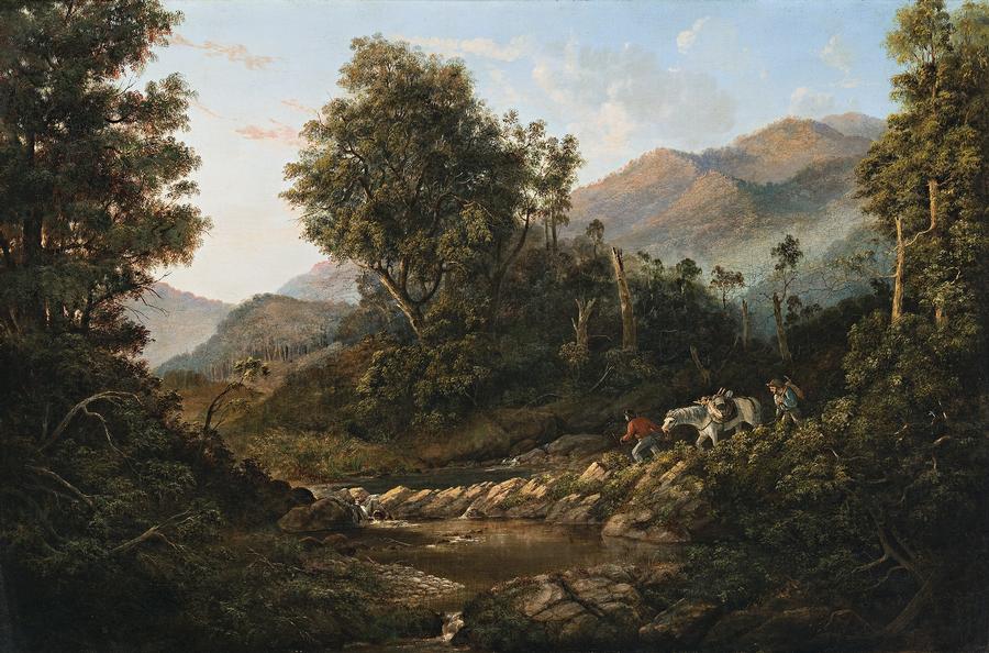 GOLD PROSPECTORS CROSSING A STREAM