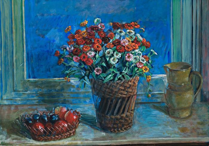 ZINNIAS AND FRUIT