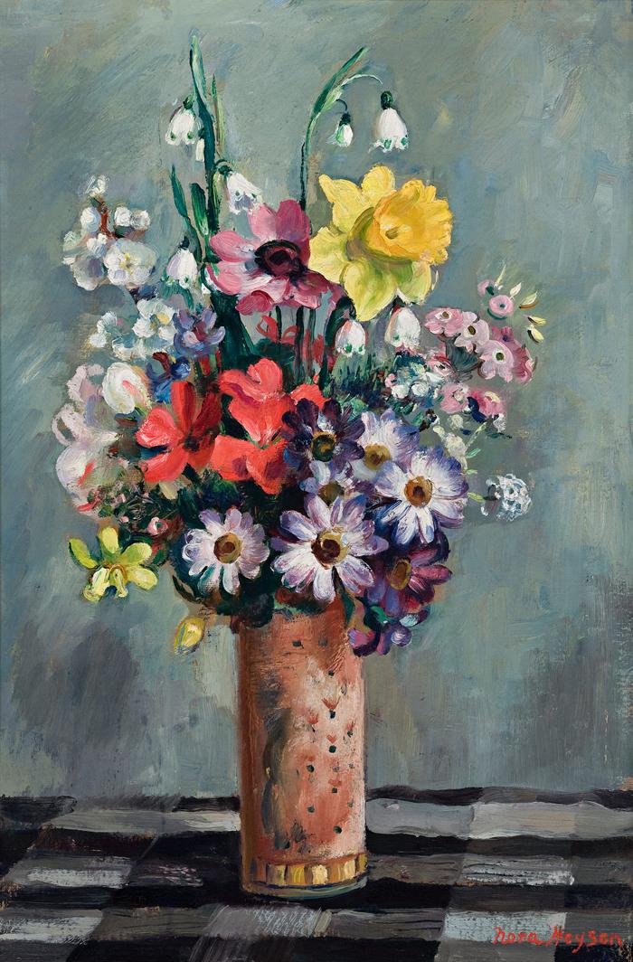 MIXED FLOWERS IN POT ON CHECKED CLOTH