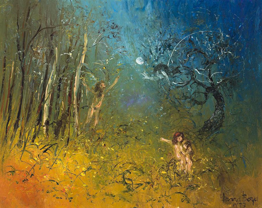 FOREST SCENE WITH FIGURES AND MOON