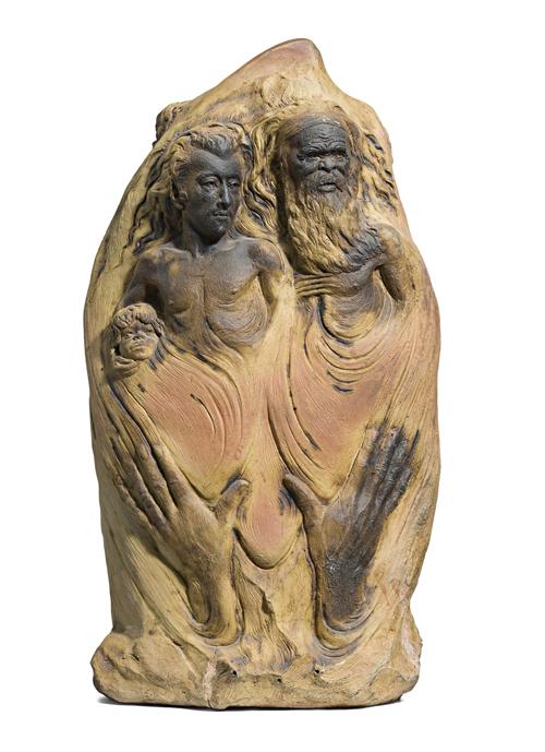 A PEDESTAL STONE OF WILLIAM RICKETTS, ABORIGINAL ELDER AND FAMILY GROUP