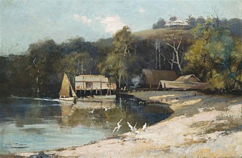 COVE SCENE WITH BOAT HOUSES