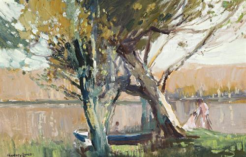 BOAT AND BATHERS AT NARRABEEN VERSO: RIVER LANDSCAPE