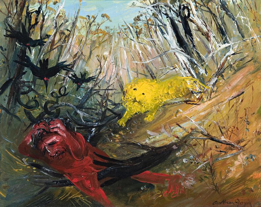 NEBUCHADNEZZAR RUNNING IN A FOREST WITH LION AND BLACKBIRDS