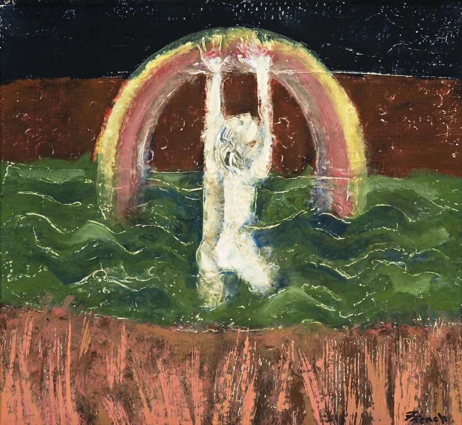 MAN CROSSING A RIVER