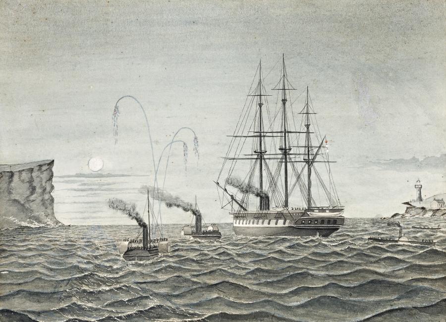 HMS GALATEA PASSING THE SYDNEY HEADS WITH THE PELICAN AND EMU IN ATTENDANCE