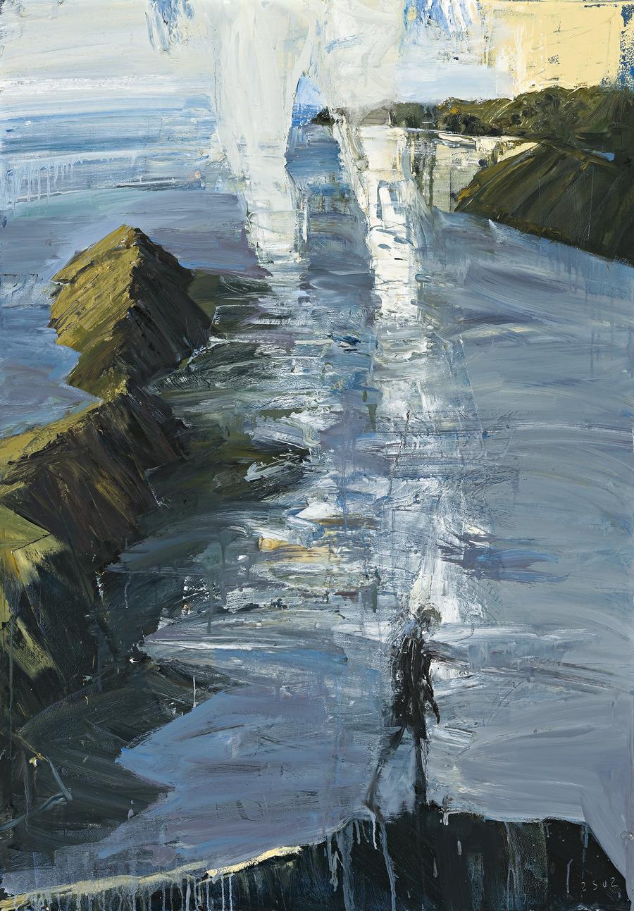 FIGURE IN SEA ABOVE FIGURE ON HILL