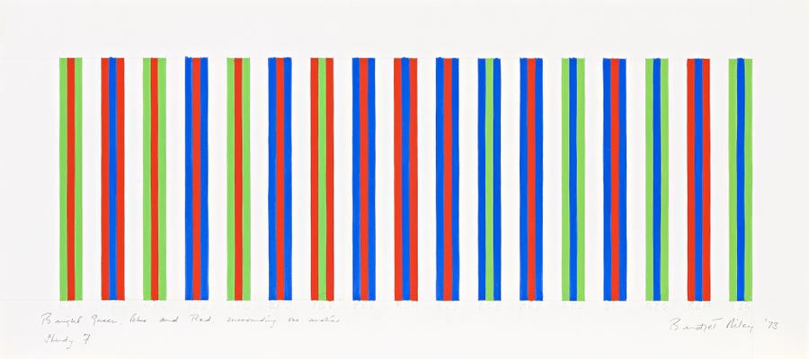 BRIGHT GREEN, BLUE AND RED, SURROUNDING ONE ANOTHER, STUDY 7
