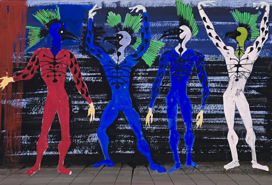FOUR FIGURES IN BIRD COSTUMES