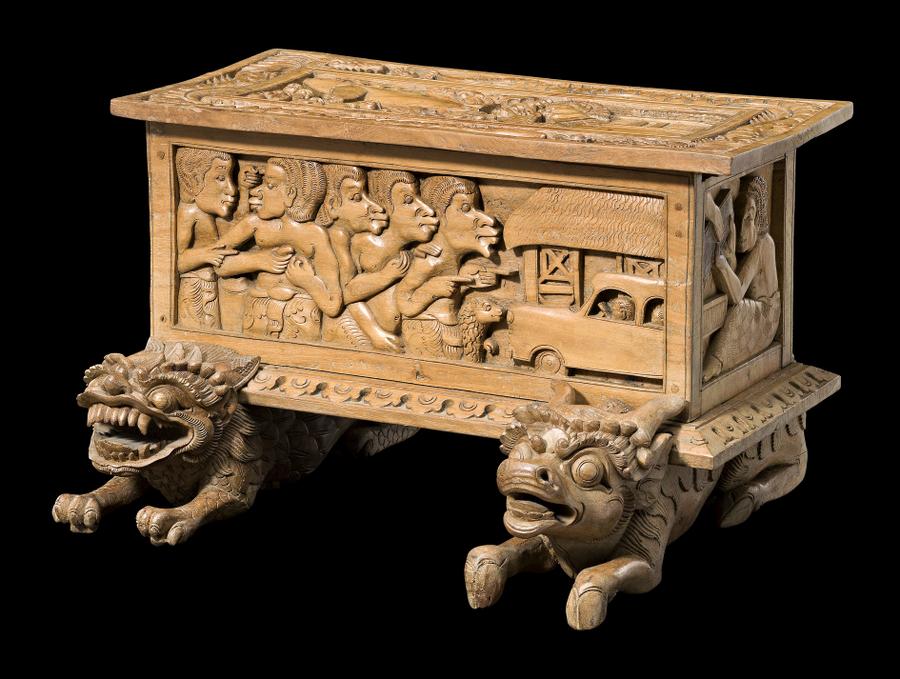 WOODEN BOX DEPICTING SCENES FROM DONALD FRIEND’S LIFE
