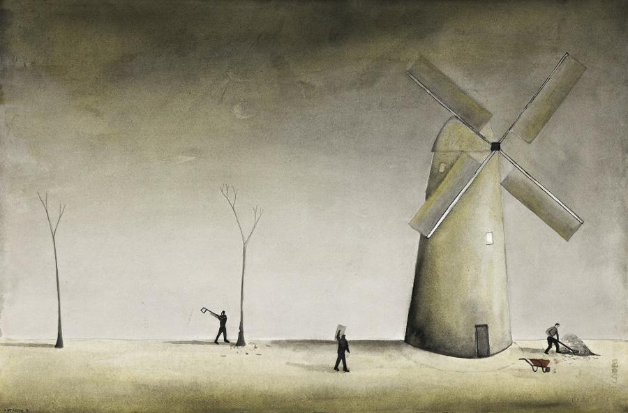 THREE BROTHERS WORKING OUTSIDE THEIR MILL HOUSE HOME