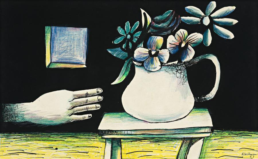 ALICE’S HAND, CUP, TABLE AND FLOWERS