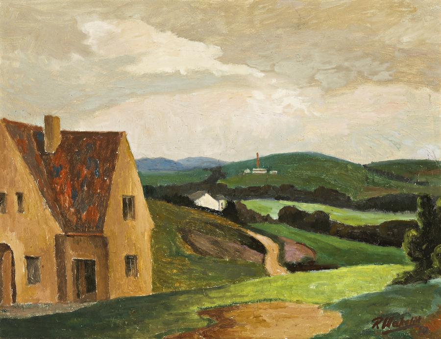 COUNTRY LANDSCAPE WITH HOUSES AND FACTORY IN DISTANCE