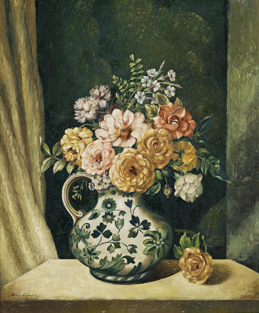 STILL LIFE OF MIXED BLOOMS IN PORCELAIN JUG