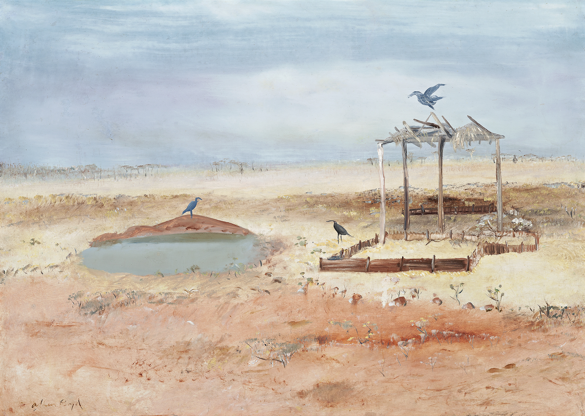WIMMERA LANDSCAPE WITH WATERHOLE, BIRDS AND SHELTER