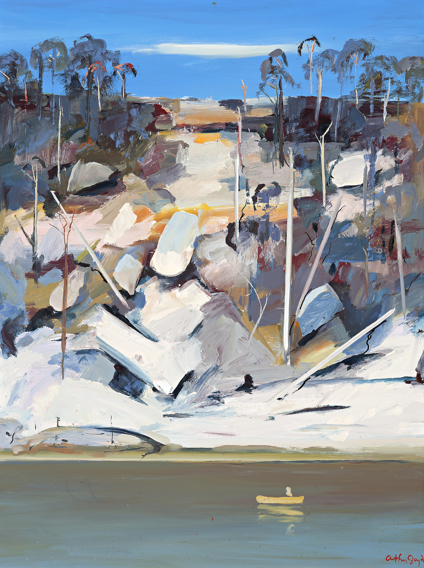 SHOALHAVEN; HILLSIDE WITH ROCKS AND MAN IN BOAT