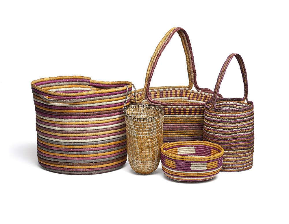 FOUR COIL-WOVEN BASKETS AND ONE DILLY BAG