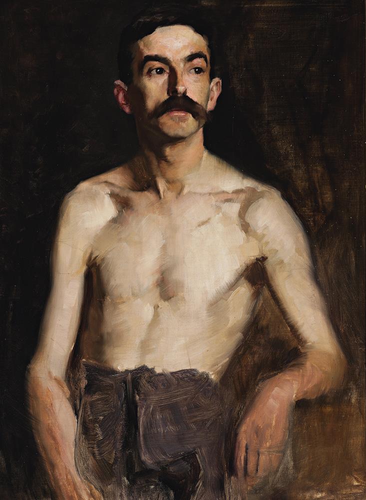 (NUDE STUDY – MALE MODEL WITH MOUSTACHE, HALF-DRAPED, FRONT VIEW)