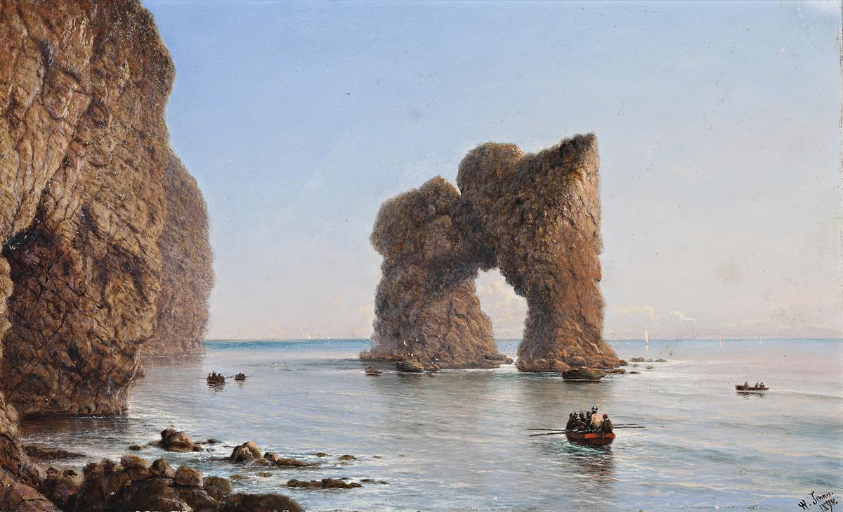 COASTAL SCENE WITH CLIFFS, ROWBOATS AND ARCHED ROCK