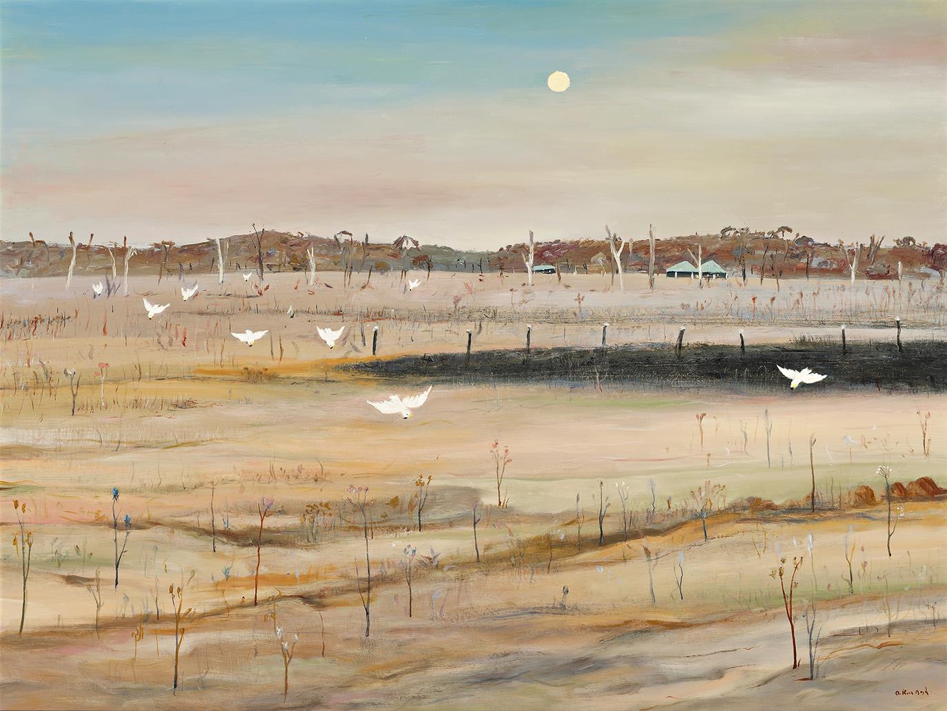 WIMMERA LANDSCAPE WITH FULL MOON AND WHITE COCKATOOS