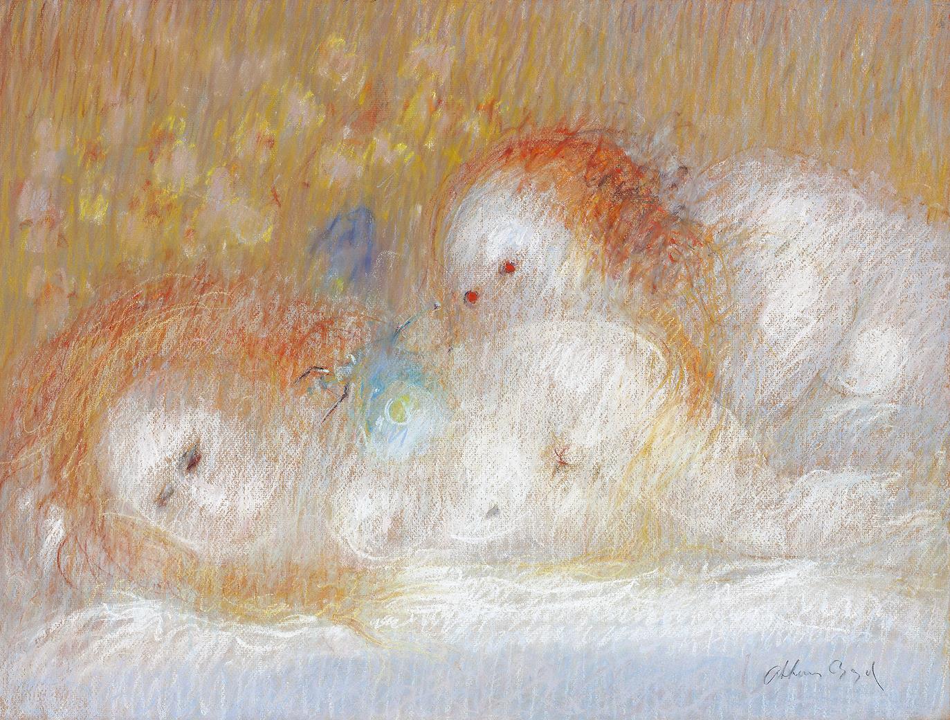 SLEEPING WOMAN WITH DRAGONFLY AND WATCHING FIGURE