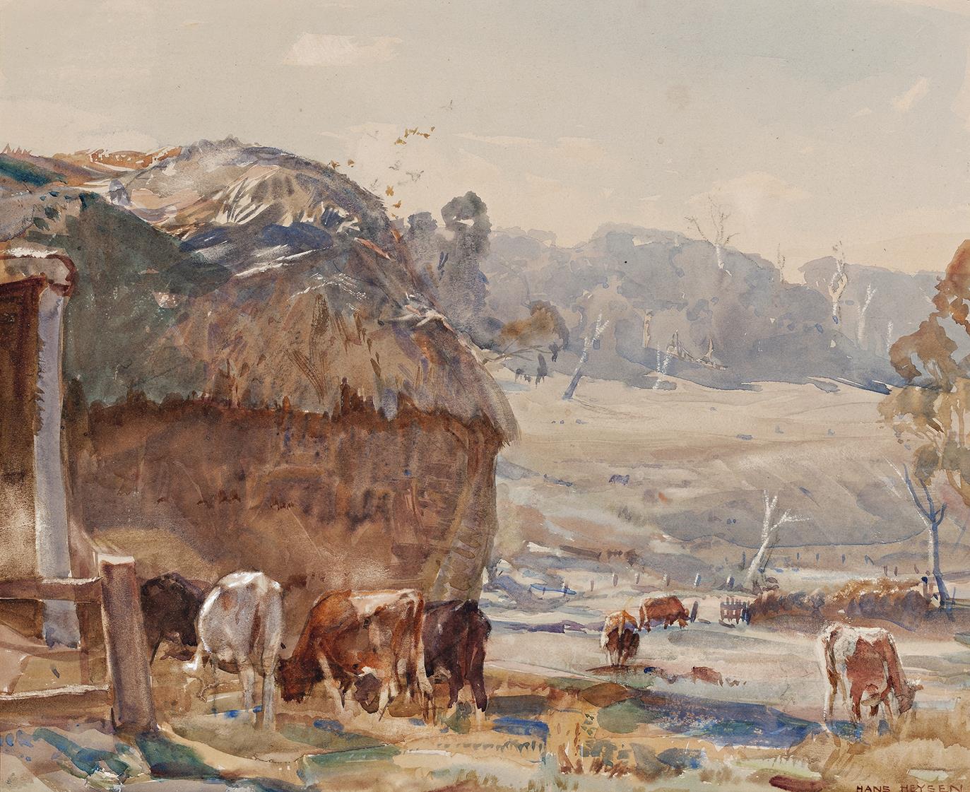FARMYARD WITH HAYSTACK AND CATTLE