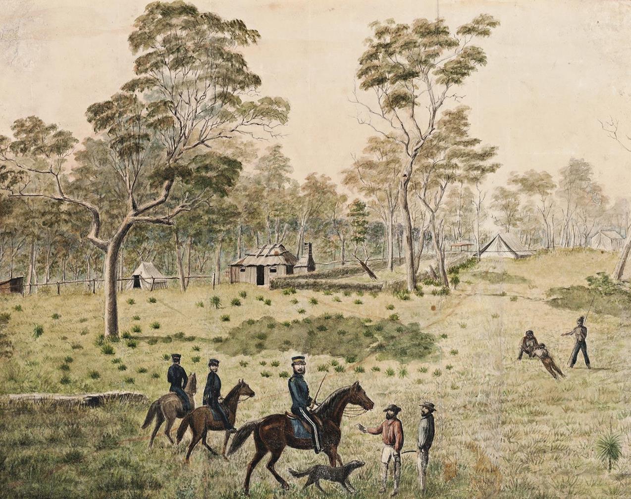 MOUNTED POLICE WITH SETTLERS AND ABORIGINES, TOOLOOM, N.S.W.