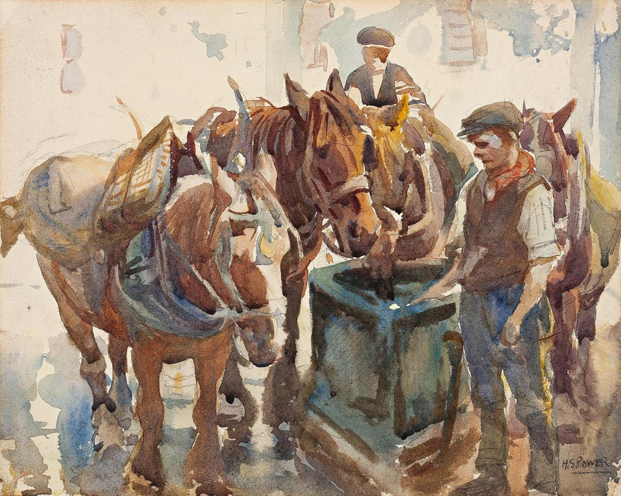 HORSES DRINKING AT WATER TROUGH