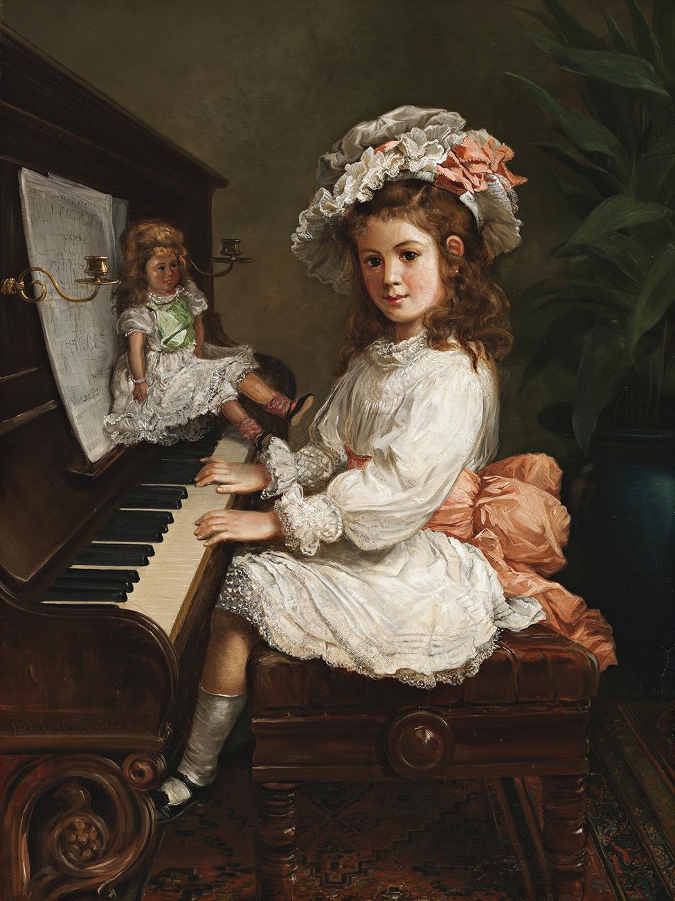 PORTRAIT OF MISS WINIFRED HUDSON AS A YOUNG GIRL, SEATED AT A PIANO, HER DOLL NEARBY