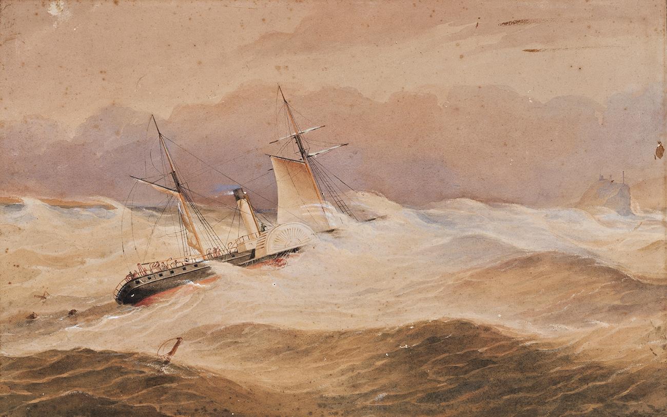 THE A.S.N. Co. STEAMSHIP CAWARRA, CAPTN CHATFIELD, OFF NOBBYS, NEWCASTLE IN THE GALE OF 12TH JULY