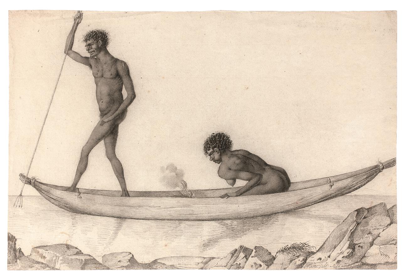 (ABORIGINAL MAN AND WOMAN FISHING WITH SPEAR FROM CANOE, WITH FIRE AT CENTRE)