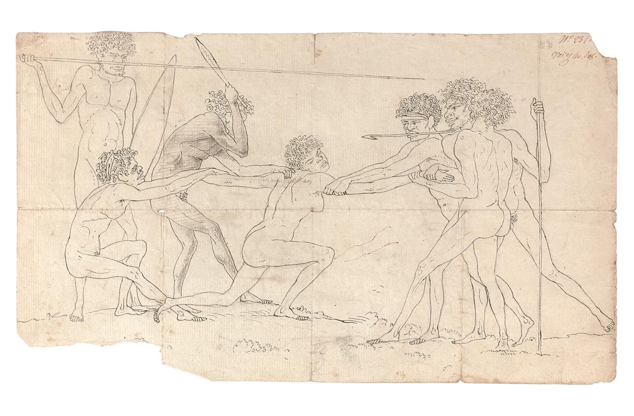 RECTO: (ABORIGINAL WOMAN BEING COMPETED FOR BY TWO RIVAL GROUPS OF THREE ABORIGINAL MEN)