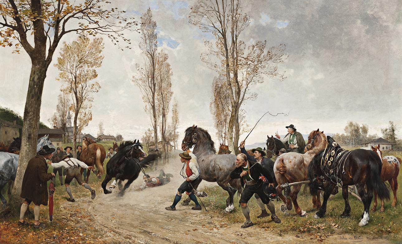 ESCAPING HORSE WITH ONLOOKING VILLAGERS