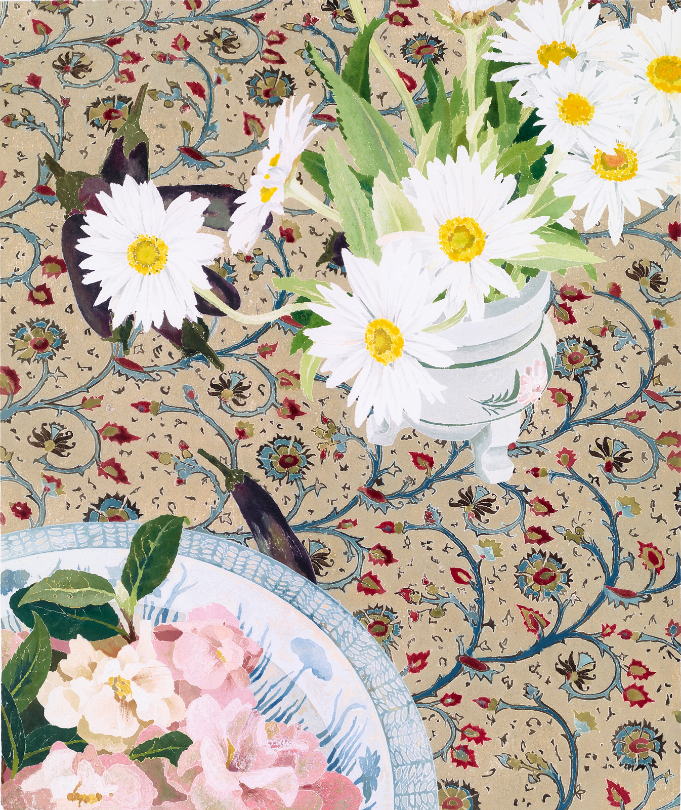 DAISIES AND CAMELLIAS ON INDIAN CLOTH