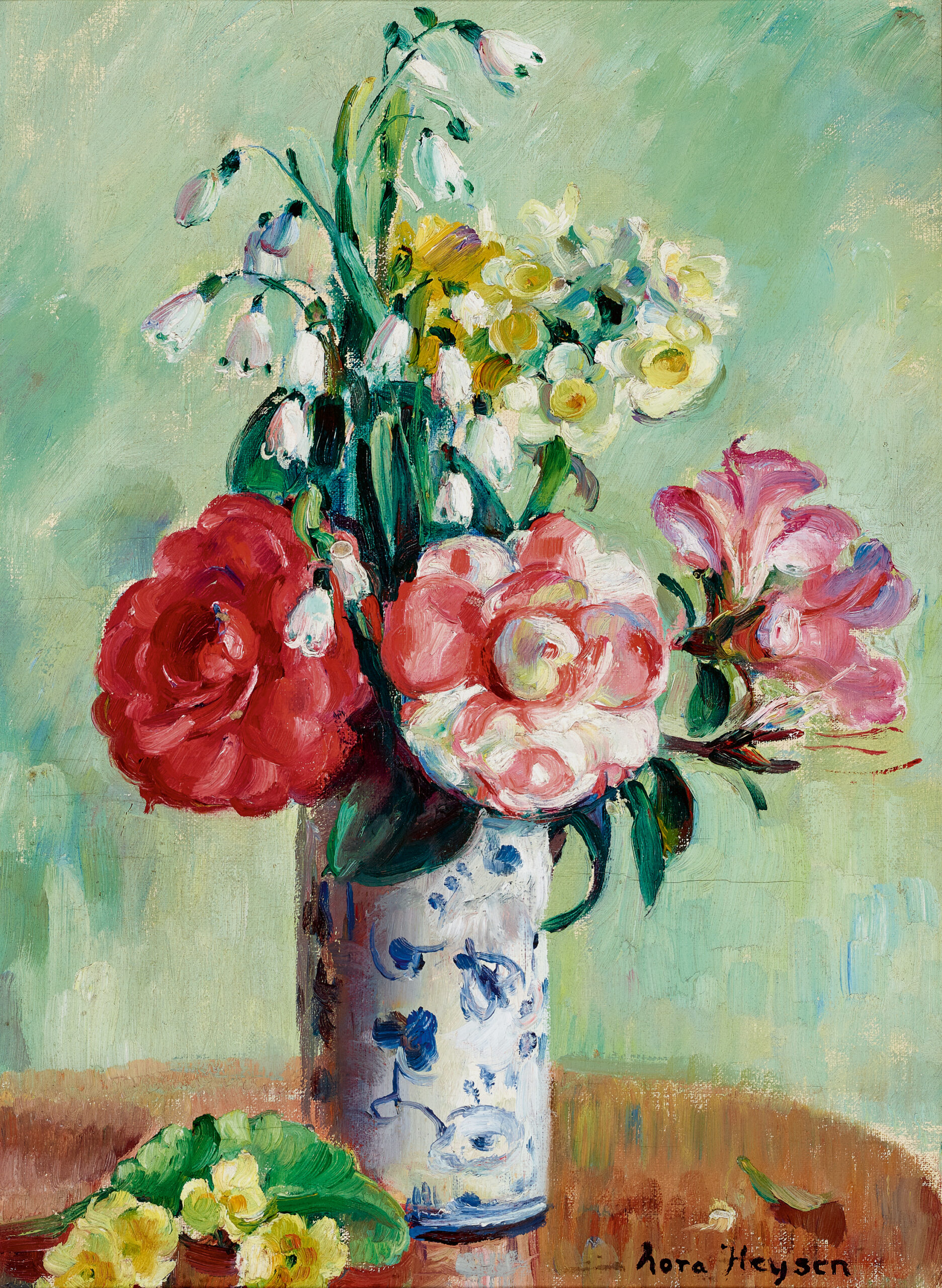 CAMELLIAS AND MIXED FLOWERS IN A DELFT VASE