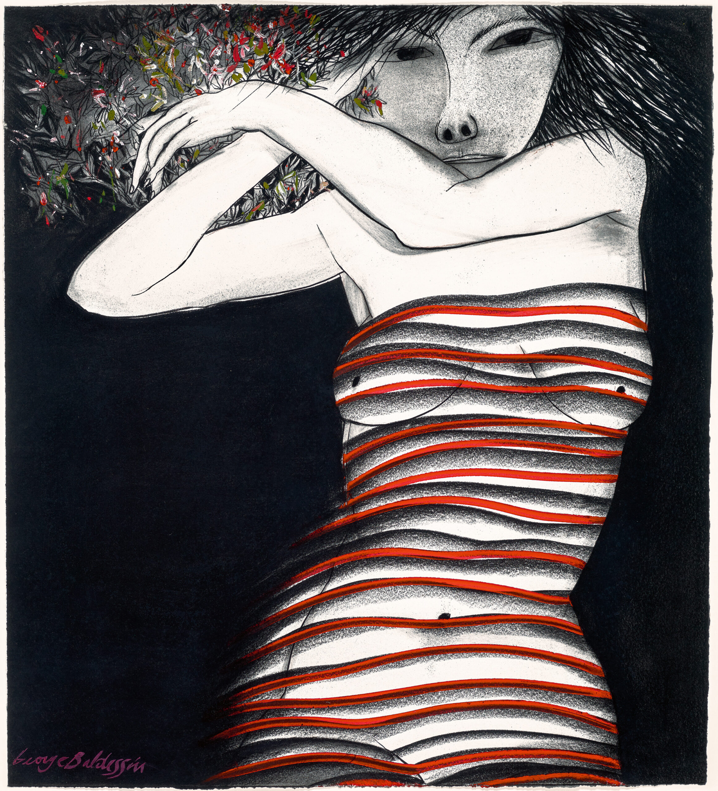 GIRL IN STRIPED DRESS WITH BOUQUET OF FLOWERS
