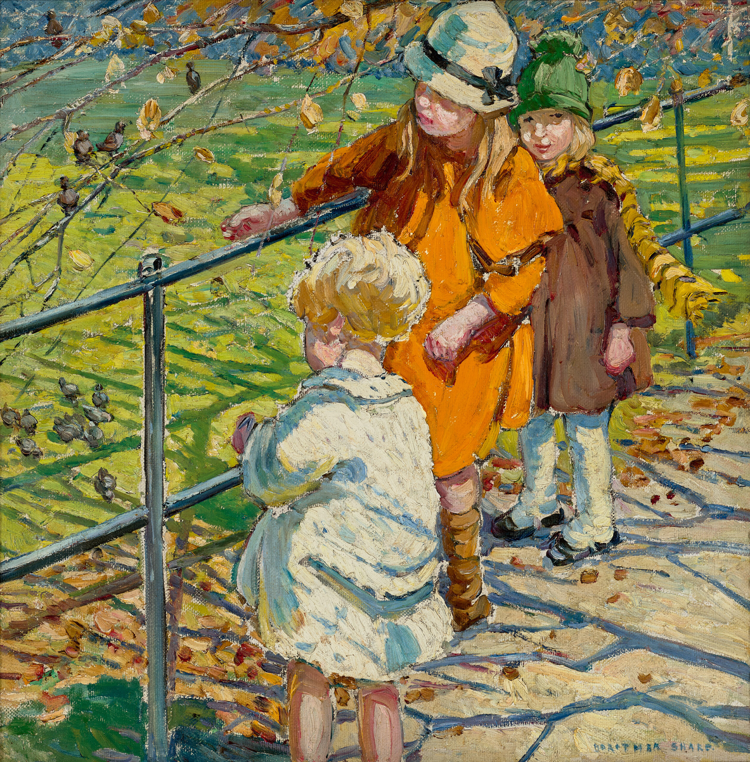 THREE CHILDREN FEEDING BIRDS