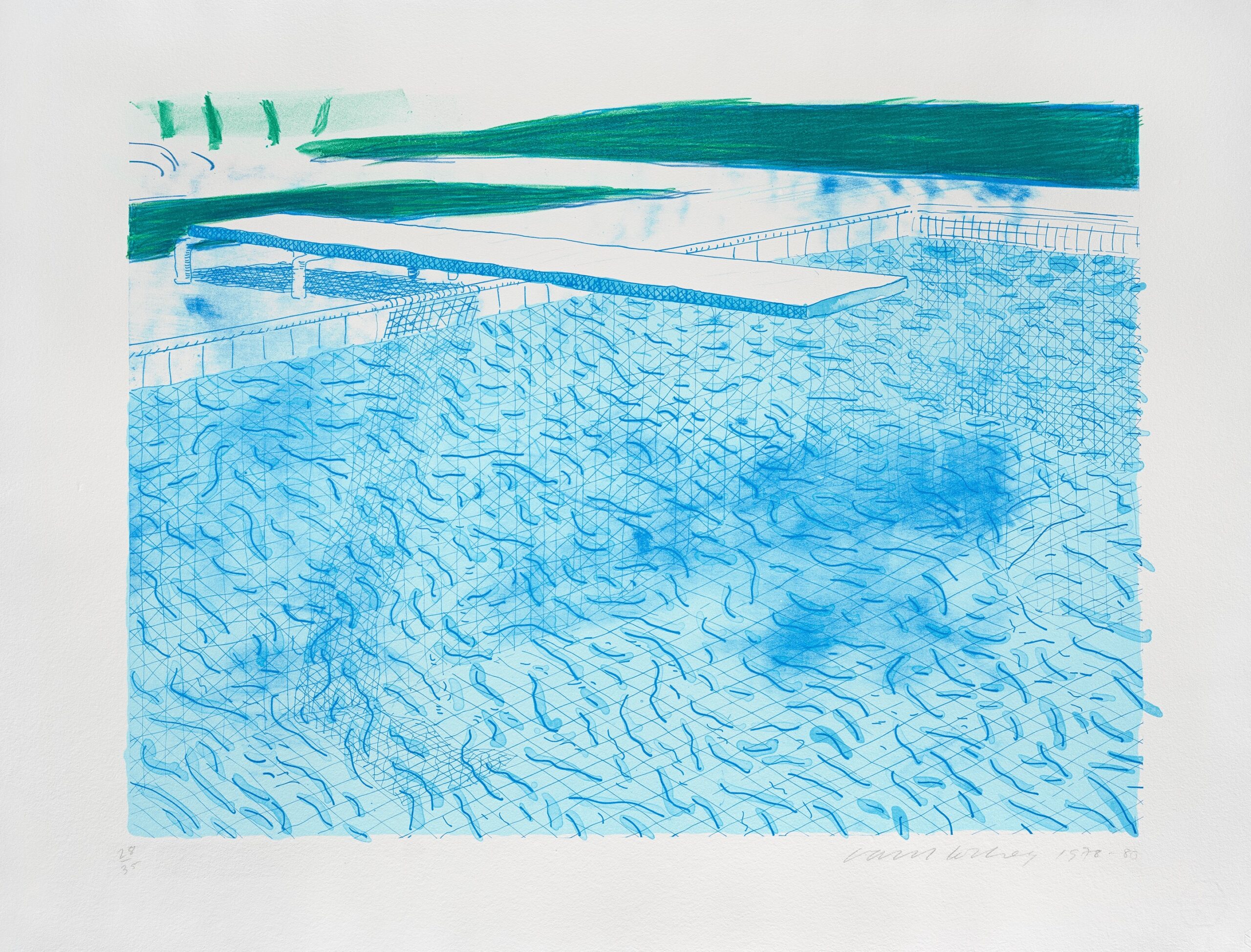 LITHOGRAPH OF WATER MADE OF LINES WITH TWO LIGHT BLUE WASHES, 1978 – 80